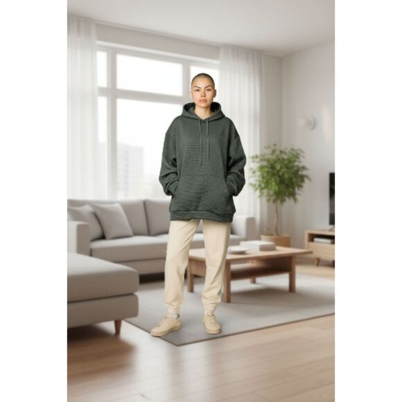 Green Quilted Pullover Long Sleeved Drawstring Hoodie with Kangaroo Pocket NWOT - Picture 3 of 10